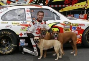 Greg Biffle pictured with four dogs. Yes there's four. Look closely..