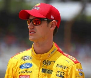 Joey Logano in the garage at Indianapolis Motor Speedway