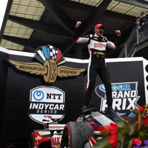 Rinus VeeKay celebrates his first IndyCar win