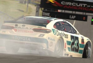 Mitchell deJong does a burnout after winning the eNASCAR Coca-Cola iRacing Series at Circuit of the Americas, 5/18/2021 (Photo: iRacing)