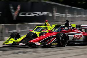 Rinus VeeKay and Simon Pagenaud battle for position at Detroit under the current 2021 IndyCar engine package