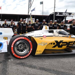 Josef Newgarden celebrating pole position at Mid-Ohio