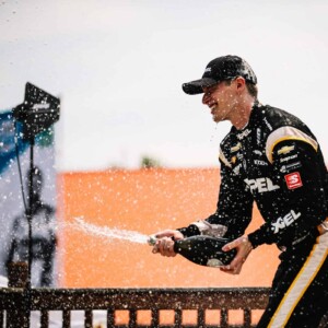 Josef Newgarden celebrating his win at Mid-Ohio