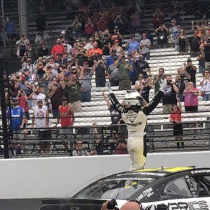 AJ Allmendinger celebrates his victory at Indianapolis Motor Speedway. (Photo: NKP)