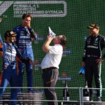 Daniel Ricciardo celebrates on the podium of the 2021 Italian Grand Prix Sept. 12.