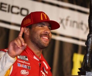 Bubba Wallace celebrates his NASCAR Cup Series win in the Yellawood 500 at Talladega, October, 2021. Photo: NKP