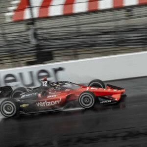 Will Power on the main straightaway in the 2022 GMR Grand Prix on the Indianapolis Motor Speedway road course