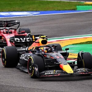 IMOLA, ITALY - APRIL 24: Sergio Perez of Mexico driving the (11) Oracle Red Bull Racing RB18 leads Charles Leclerc of Monaco driving (16) the Ferrari F1-75 during the F1 Grand Prix of Emilia Romagna at Autodromo Enzo e Dino Ferrari on April 24, 2022 in Imola, Italy. (Photo by Clive Mason/Getty Images) // Getty Images / Red Bull Content Pool // SI202204240595 // Usage for editorial use only //