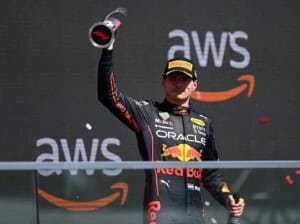 Race winner Max Verstappen of the Netherlands and Oracle Red Bull Racing celebrates on the podium during the F1 Grand Prix of Canada at Circuit Gilles Villeneuve on June 19, 2022 in Montreal, Quebec. (Photo by Dan Mullan/Getty Images)