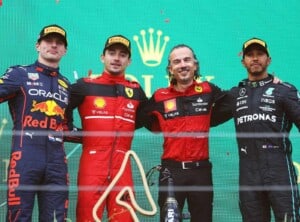 Race winner Charles Leclerc of Monaco and Ferrari, Second placed Max Verstappen of the Netherlands and Oracle Red Bull Racing, Third placed Lewis Hamilton of Great Britain and Mercedes and Laurent Mekies, Scuderia Ferrari Sporting Director stand on the podium during the F1 Grand Prix of Austria at Red Bull Ring on July 10, 2022 in Spielberg, Austria. (Photo by Clive Rose/Getty Images)