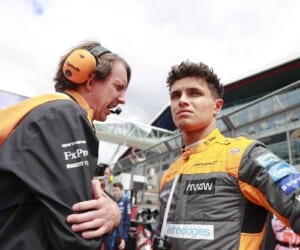 Lando Norris trackside at Silverstone Circuit ahead of the British Grand Prix (credit: McLaren Media)