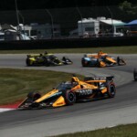 Pato O'Ward leads Scott McLaughlin and Arrow McLaren SP teammate Felix Rosenqvist at the 2022 Honda Indy 200 at Mid-Ohio Sports Car Course