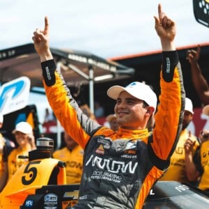 Pato O'Ward celebrates his fifth NTT IndyCar Series pole position at the 2022 Honda Indy 200 at Mid-Ohio Sports Car Course
