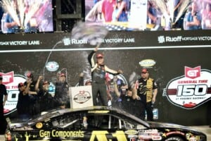 Tyler Reif celebrates in Victory Lane after winning the General Tire 150 at Phoenix Raceway, 3/10/2023 (Photo: Amy Henderson)