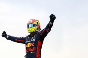 F1 Grand Prix of Azerbaijan Sergio Perez celebrating his win, Mark Thompson/Getty Images