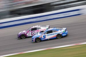 2023 Cup WWT Gateway side-by-side racing - Hendrick Motorsports teammates Alex Bowman, No. 48 Chevrolet, and Kyle Larson, No. 5 Chevrolet (Credit: Jonathan Bachman/Getty Images via NASCAR Media)