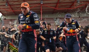 F1 Grand Prix of Belgium Max Verstappen and Sergio Perez celebrating at Spa, Dan Mullan/Getty Images