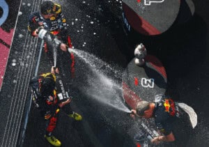 BUDAPEST, HUNGARY - JULY 23: Race winner Max Verstappen of the Netherlands and Oracle Red Bull Racing, Third placed Sergio Perez of Mexico and Oracle Red Bull Racing and Red Bull Racing Head of Car Engineering Paul Monaghan celebrate on the podium during the F1 Grand Prix of Hungary at Hungaroring on July 23, 2023 in Budapest, Hungary.