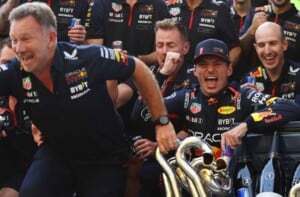Race winner Max Verstappen of the Netherlands and Oracle Red Bull Racing and the Red Bull Racing team celebrate after the F1 Grand Prix of Italy at Autodromo Nazionale Monza on September 03, 2023 in Monza, Italy.