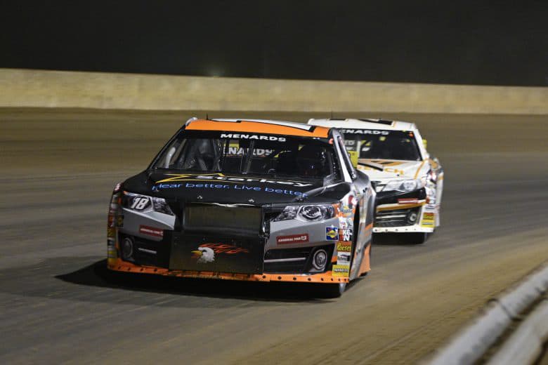 2023 ARCA DuQuoin racing - William Sawalich, No. 18 Joe Gibbs Racing Toyota, and Jesse Love, No. 20 Venturini Motorsports Toyota (Credit: Jeff Le/ARCA Racing used with permission)