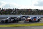 2024 ARCA IRP pack racing II - Michael Maples, No. 99 Fast Track Racing Chevrolet, Jayson Alexander, No. 10 Fast Track Racing Ford, and DL Wilson, No. 39 CW Motorsports Toyota (Credit: Jeff Dean/ARCA Racing used with permission)