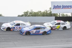 2024 ARCA Salem pack racing - Gus Dean, No. 55 Venturini Motorsports Toyota, Corey Day, No. 28 Pinnacle Racing Group Chevrolet, and Andres Perez, No. 2 Rev Racing Chevrolet (Credit: Tanner Pearson/ARCA Racing used with permission)