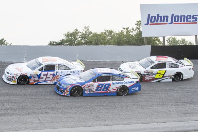 2024 ARCA Salem pack racing - Gus Dean, No. 55 Venturini Motorsports Toyota, Corey Day, No. 28 Pinnacle Racing Group Chevrolet, and Andres Perez, No. 2 Rev Racing Chevrolet (Credit: Tanner Pearson/ARCA Racing used with permission)
