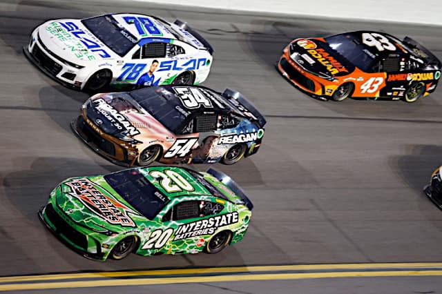 2024 Cup Daytona II pack racing IX - Joe Gibbs Racing teammates Christopher Bell, No. 20 Toyota, and Ty Gibbs, No. 54 Toyota and BJ McLeod, No. 78 Live Fast Motorsports Chevrolet (Credit: NKP)