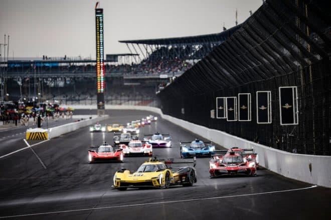 Sebastien Bourdais leads the field into turn 1 at the start of the TireRack.com Battle on the Bricks, 9/22/2024 (Photo: Courtesy of IMSA)