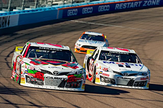 2024 ARCA West Phoenix II pack racing - Venturini Motorsports teammates Marco Andretti, No. 25 Toyota, and Brent Crews, No. 22 Toyota (Credit: NKP)