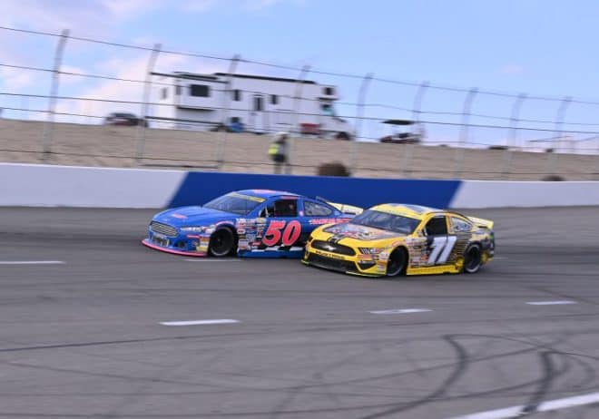 2025 ARCA West Kern I side-by-side racing - Trevor Huddleston, No. 50 High Point Racing Ford, and Kyle Keller, No. 71 Jan's Racing Team Ford (Credit: David Dennis/ARCA Racing used with permission)