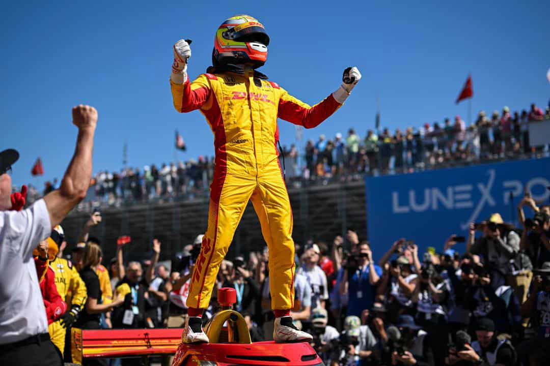 Alex Palou celebrates after winning the 2025 IndyCar Grand Prix of St. Petersburg.