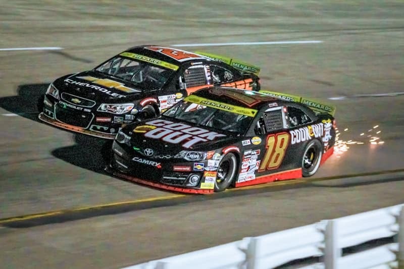 2025 ARCA East Five Flags side-by-side racing - Max Reaves, No. 18 Joe Gibbs Racing Toyota, and Connor Mosack, No. 28 Pinnacle Racing Group Chevrolet (Credit: Reid Scott)