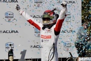 IndyCar driver Kyle Kirkwood celebrates his win in the 2025 Grand Prix of Long Beach.