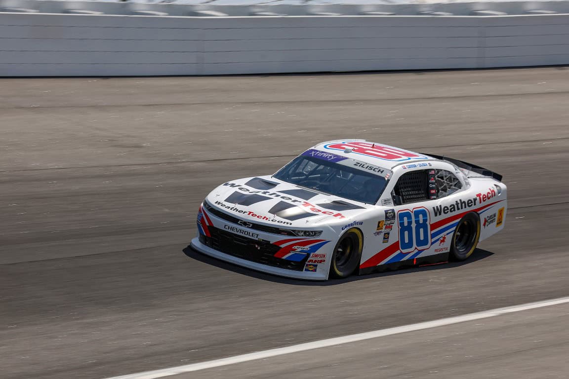 Connor Zilisch, driver of the #88 WeatherTech Chevrolet, drives during practice for the NASCAR Xfinity Series North Carolina Education Lottery 250 presented by Black’s Tire at Rockingham Speedway on April 18, 2025 in Rockingham, North Carolina. (Photo by James Gilbert/Getty Images)