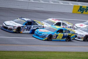 2025 ARCA Talladega pack racing - William Sawalich, No. 18 Joe Gibbs Racing Toyota, and Lawless Alan, No. 20 Venturini Motorsports Toyota (Credit: Tanner Marlar/Frontstretch)