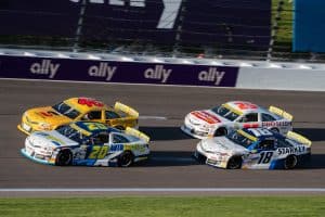 2025 ARCA Kansas I pack racing III - Thad Moffitt, No. 46 Nitro Motorsports Toyota, and Lawless Alan, No. 20 Venturini Motorsports Toyota (Credit: Jeremy Thompson/NKP)