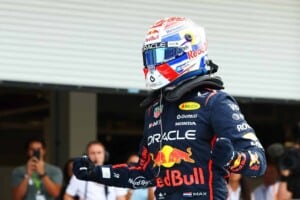 Max Verstappen celebrates after taking pole position for the 2025 F1 Miami Grand Prix