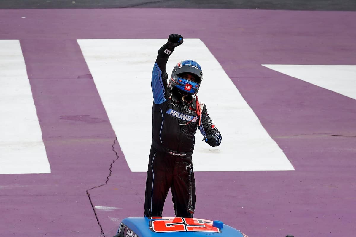 Stewart Friesen celebrates winning at Michigan in NASCAR Craftsman Truck Series race