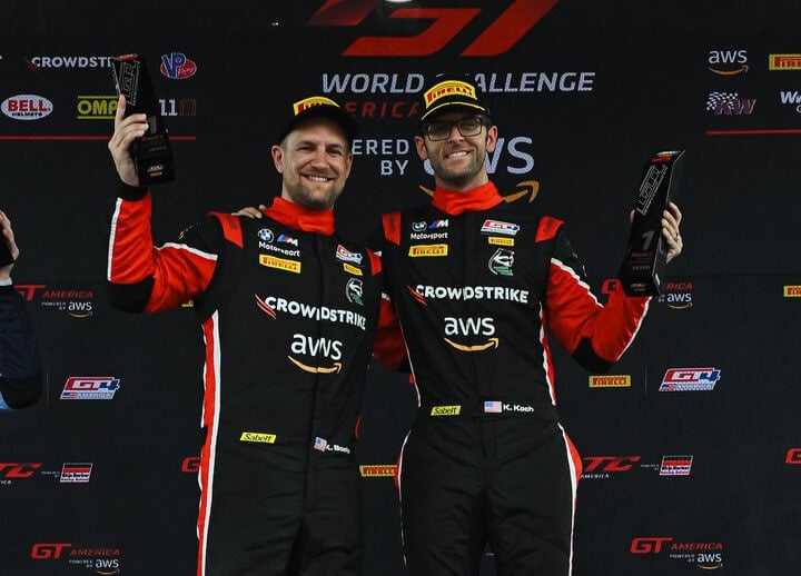Kenton Koch and Kevin Boehm celebrate winning Pirelli GT4 America SprintX Race No. 1 at VIRginia International Raceway, 7/19/2025 (Photo: Fred Hardy/SRO Motorsports Group)