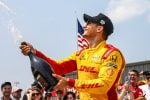 NTT IndyCar Series driver Alex Palou celebrates a win during the 2025 doubleheader weekend at Iowa Speedway.
