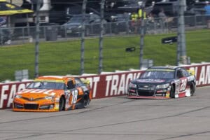2025 ARCA Iowa racing - Brent Crews, No. 18 Joe Gibbs Racing Toyota, and Brenden Queen, No. 28 Pinnacle Racing Group Chevrolet (Credit: Rachel Mummey/ARCA Racing used with permission)