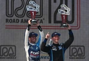 Nate Cicero and Jenson Altzman celebrate their victory in the IMSA Michelin Pilot Challenge Road America 120, 8/2/2025 (Photo: Phil Allaway)