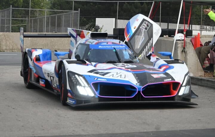 Philipp Eng drives his car into victory lane after winning the Motul SportsCar Grand Prix at Road America. 8/3/2025 (Photo: Phil Allaway)