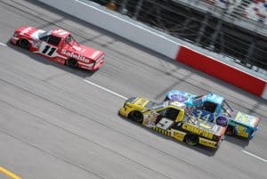 2025 Trucks Darlington pack racing - Corey Heim, No. 11 TRICON Garage Toyota, Grant Enfinger, No. 9 CR7 Motorsports Chevrolet, and Layne Riggs, No. 34 Front Row Motorsports Ford (Credit: Chase Folsom)