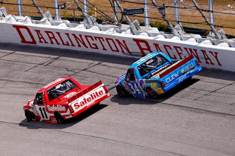 2025 Trucks Darlington racing II - Corey Heim, No. 11 TRICON Garage Toyota, and Layne Riggs, No. 34 Front Row Motorsports Ford (Credit: Peter Casey/NKP)