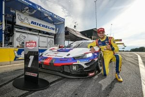 Giacomo Altoe after winning the pole for the Michelin GT Challenge at VIR, 8/23/2025 (Photo: Courtesy of IMSA)