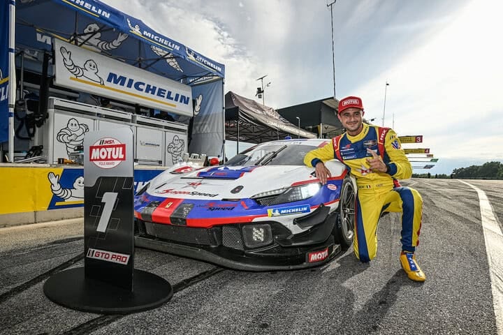 Giacomo Altoe after winning the pole for the Michelin GT Challenge at VIR, 8/23/2025 (Photo: Courtesy of IMSA)