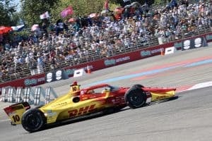 Alex Palou drives for Chip Ganassi Racing during the 2025 NTT IndyCar Series race at Portland.