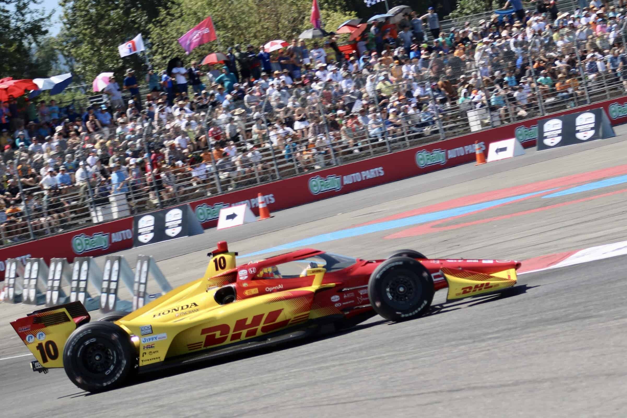 Alex Palou drives for Chip Ganassi Racing during the 2025 NTT IndyCar Series race at Portland.